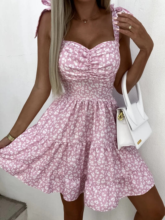 Women's Floral Pattern Mini Dress with Ruffle Details and Strapless Accents Ivyshape