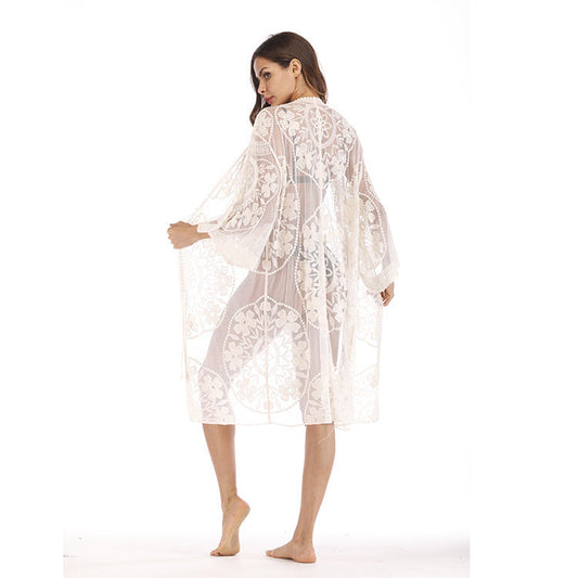 Ladies transparent crochet beach robe with floral patterns and wide sleeves Ivyshape
