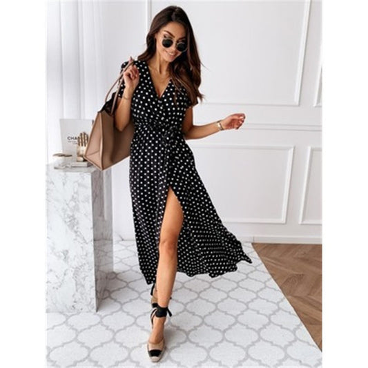 Ladies wrap dress with elegant polka dot pattern and high slit Ivyshape
