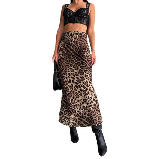 Women Sleek Leopard Pattern Maxi Skirt Ivyshape