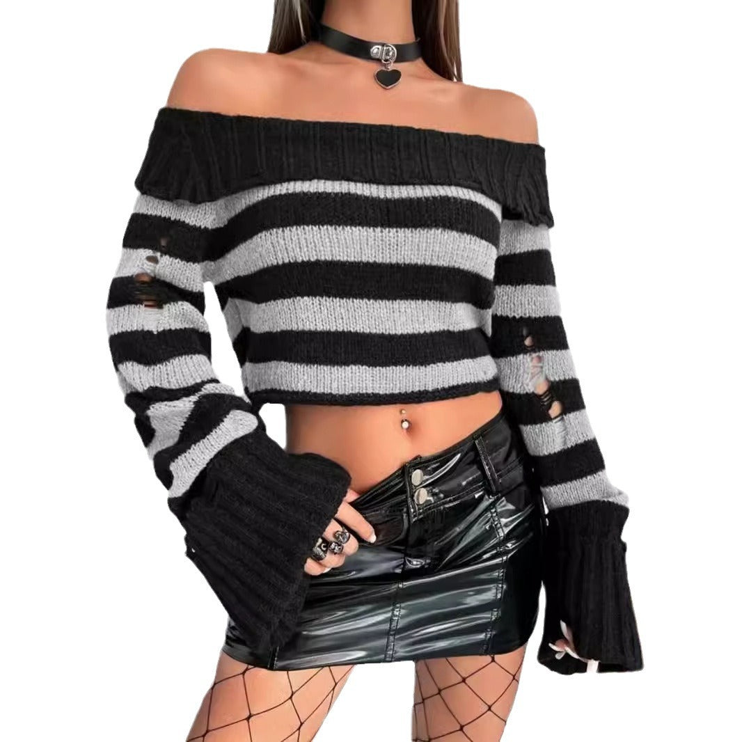 Women's Off-Shoulder Striped Sweater with Wide Sleeves Ivyshape