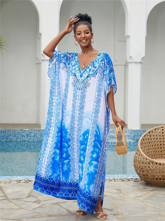 Women’s Maxi Kaftan with artistic azure pattern and elegant V-neck Ivyshape