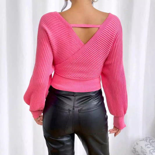 Women's elegant V-neck knitted pullover with voluminous sleeves Ivyshape