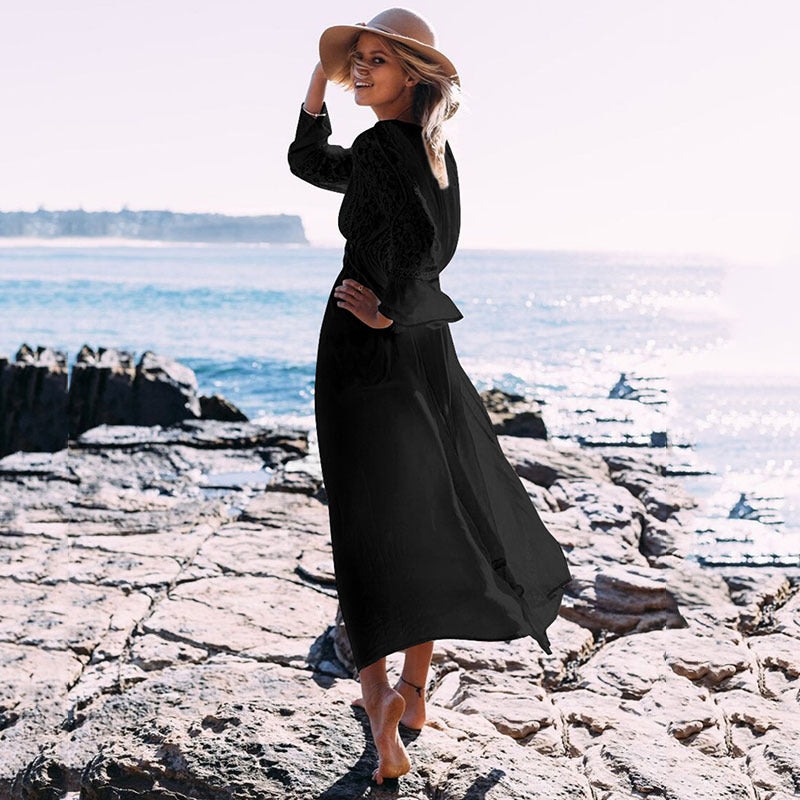 Women's beach robe with elegant crochet embellishment and wide flared sleeves Ivyshape