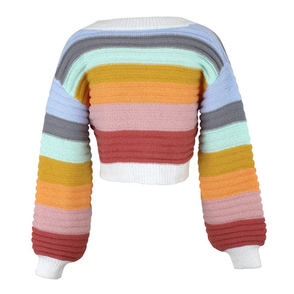 Women's fashionable, multicolored short knitted cardigan with voluminous sleeves and button placket Ivyshape