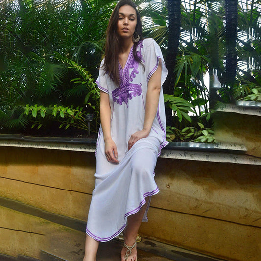 Women's Elegant Beach Kaftan with Intricate Embroidery Ivyshape