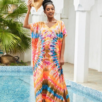Women's maxi dress with colorful tie-dye pattern and side slit Ivyshape