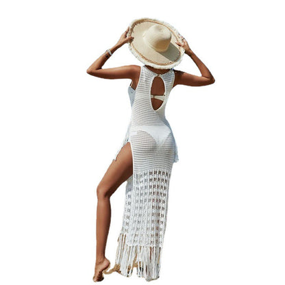 Women durable crochet beach kaftan with fringe details Ivyshape