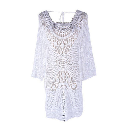 Ladies' crochet beach robe with deep V-neck and ornate fringes Ivyshape