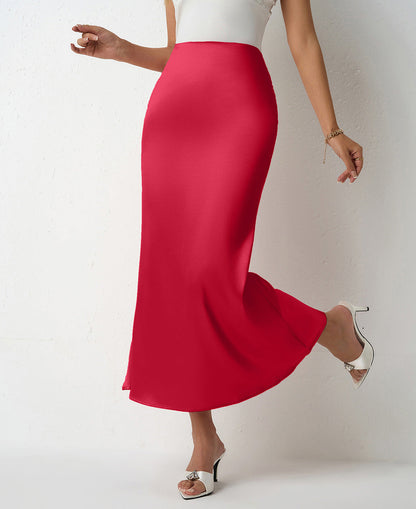 Ladies satin maxi skirt with elegant silhouette and high waistband Ivyshape