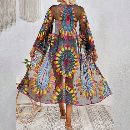 Women's transparent beach kimono with colorful folklore patterns and wide sleeves Ivyshape