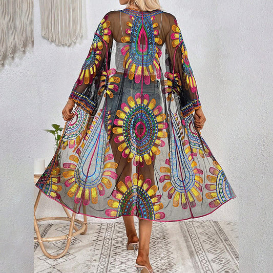 Women's transparent beach kimono with colorful folklore patterns and wide sleeves Ivyshape