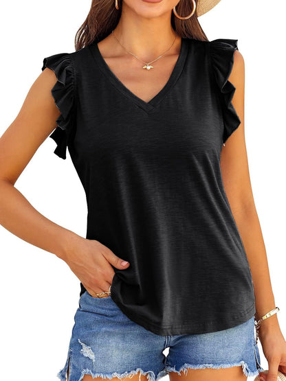 Women V-neck Ruffle Sleeve Top Ivyshape