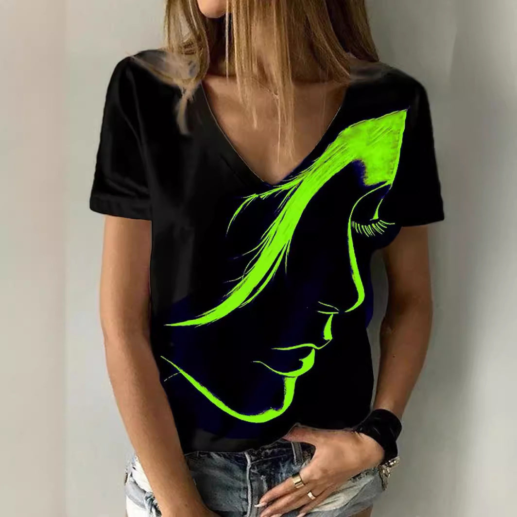 Women Artificial V-Neck Graphic T-Shirt Ivyshape