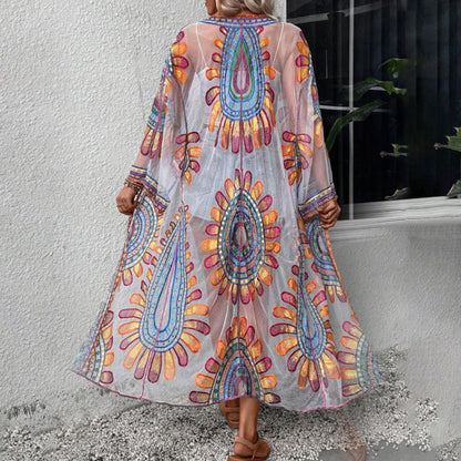 Women's transparent beach kimono with colorful folklore patterns and wide sleeves Ivyshape