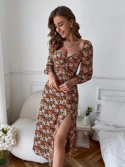 Women's Maxi Dress with Floral Accents and Refined Ruffle Details Ivyshape