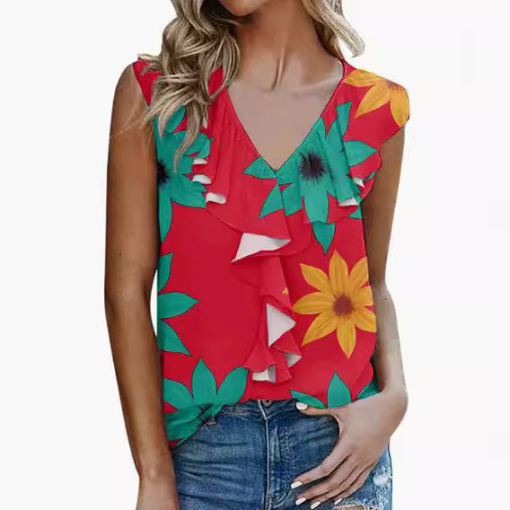 Ladies' elegant blouse shirt with voluminous ruffled hem and V-neck Ivyshape