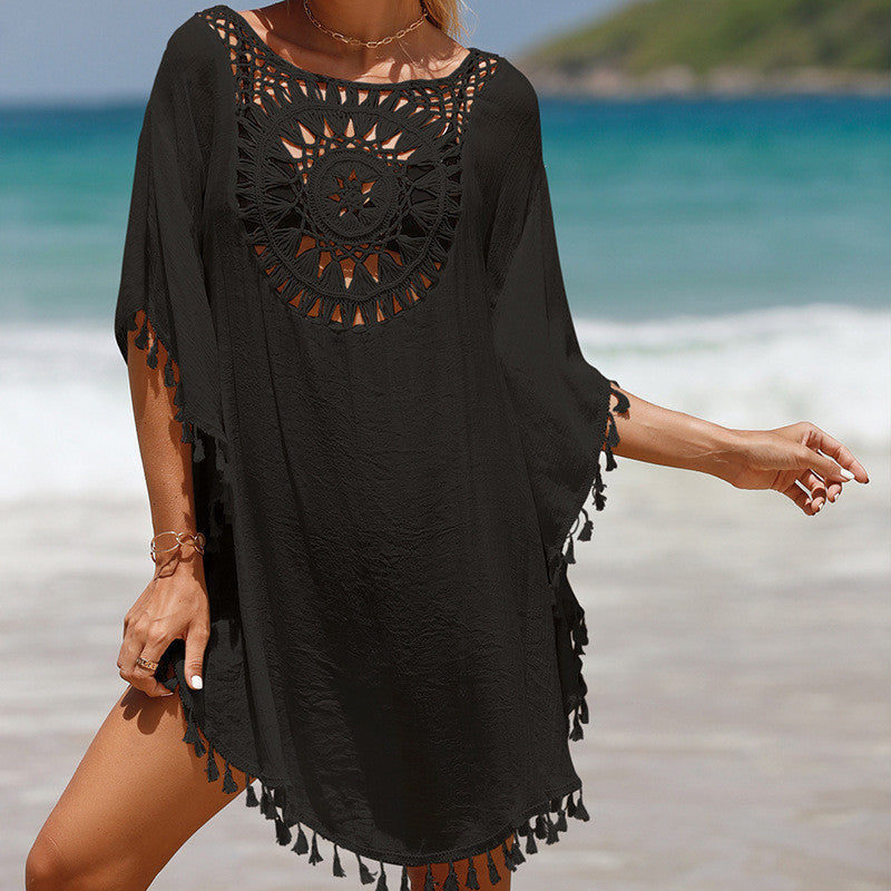 Women's Crochet Beach Cover-Up with Decorative Round Stitch Design and Fashionable Fringes Ivyshape