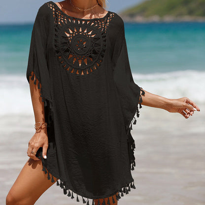 Women's Crochet Beach Cover-Up with Decorative Round Stitch Design and Fashionable Fringes Ivyshape
