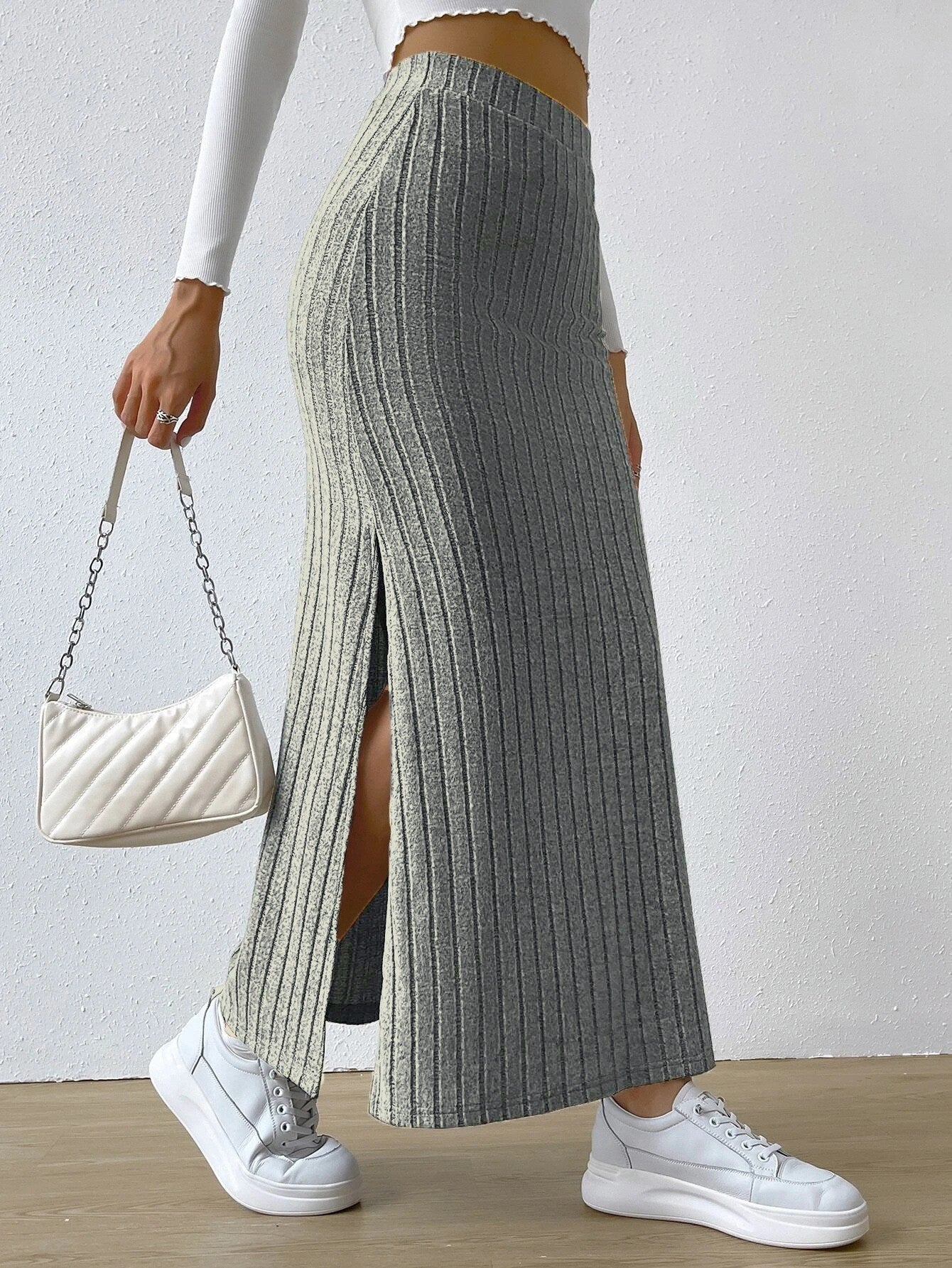 Women's Long Ribbed Knit Skirt with Side Split and Elastic Waistband Ivyshape