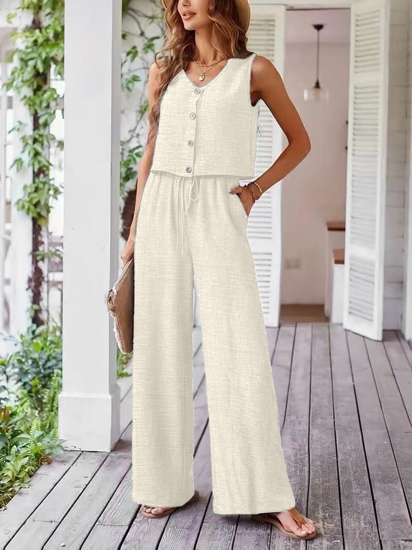Women's casual jumpsuit with button placket and wide leg Ivyshape