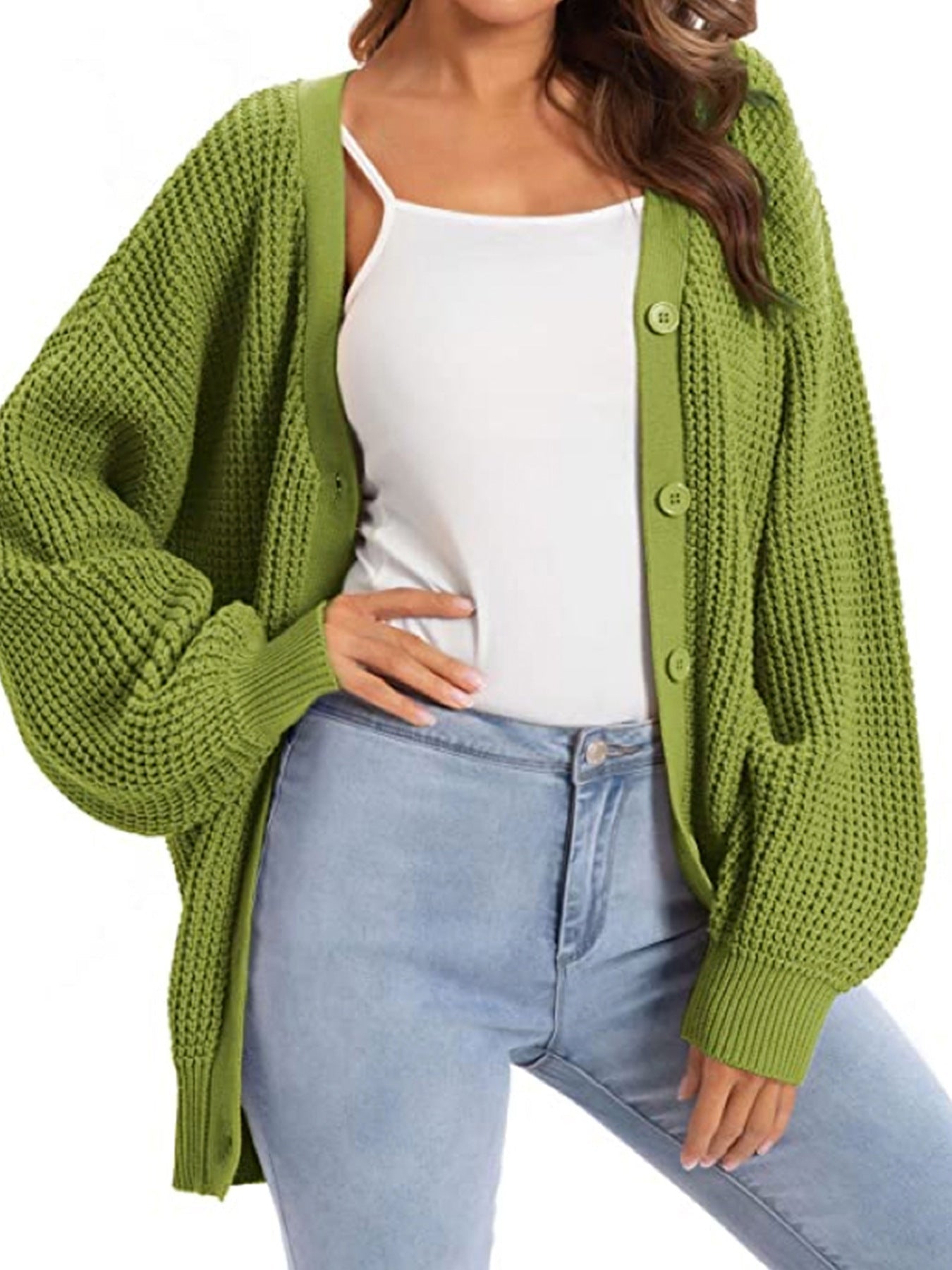 Ladies' fashionable knit cardigan with airy sleeves and button detail Ivyshape