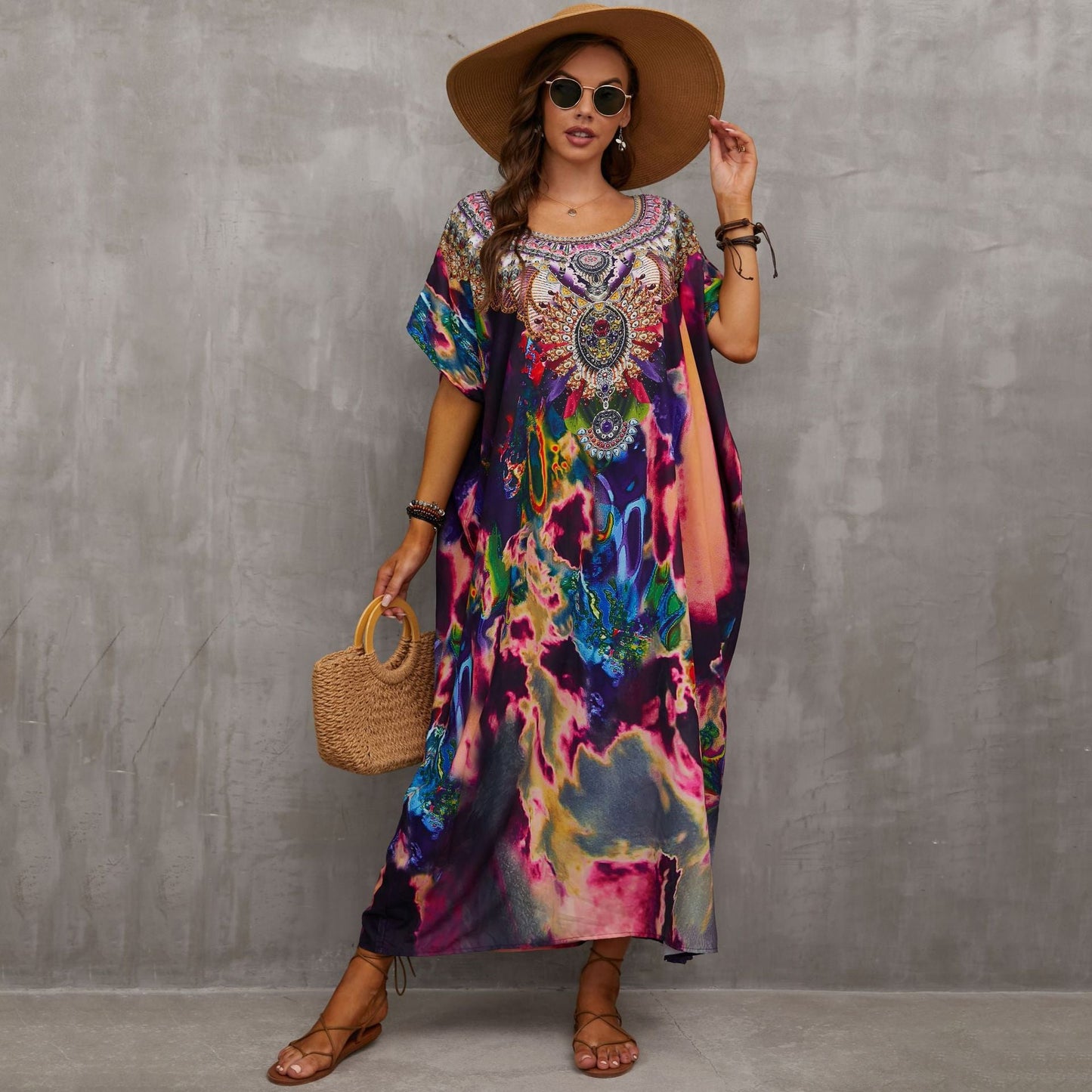 Ladies kaftan dress with majestic animal motif and side slits Ivyshape