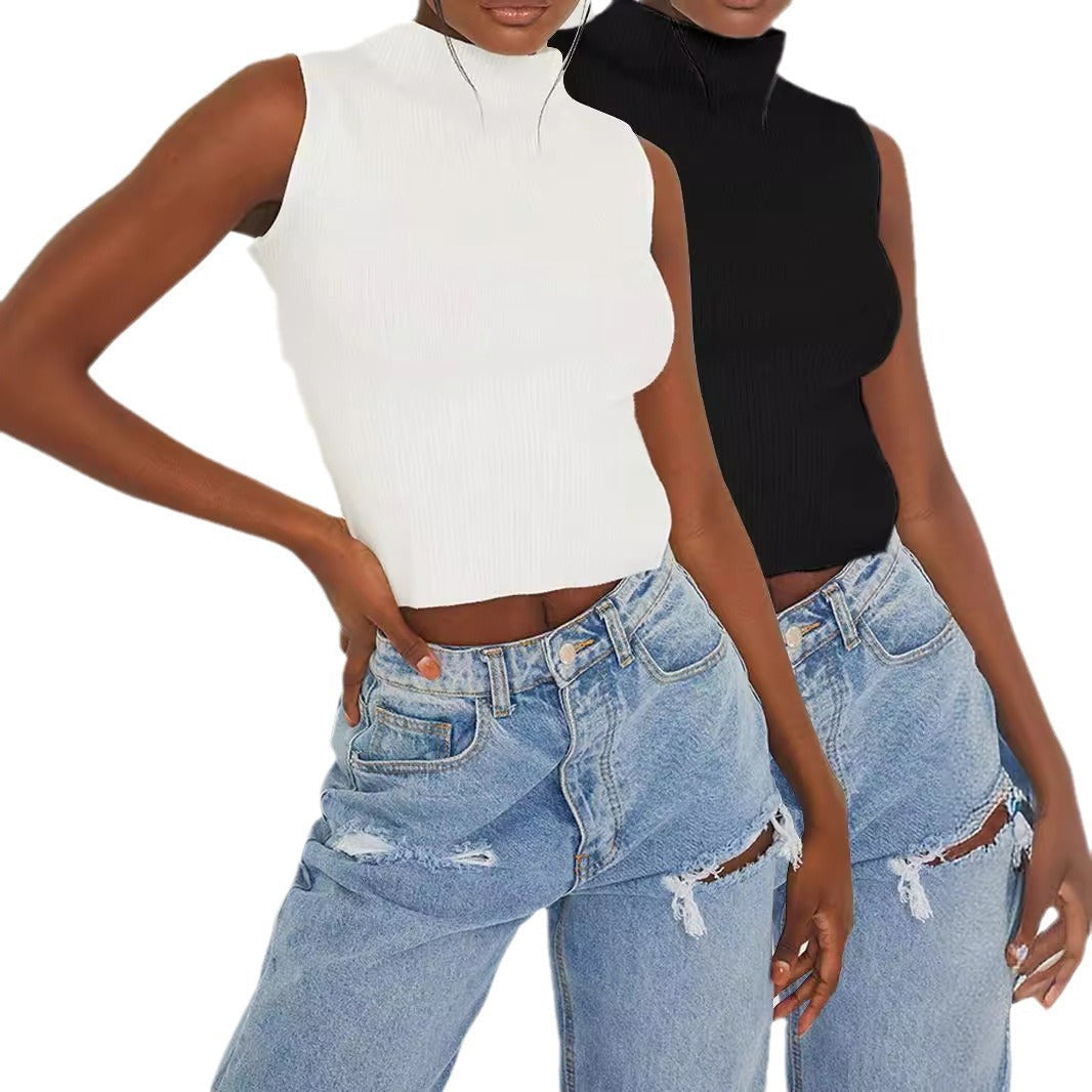 Women's stylish, sleeveless ribbed top with stand-up collar Ivyshape
