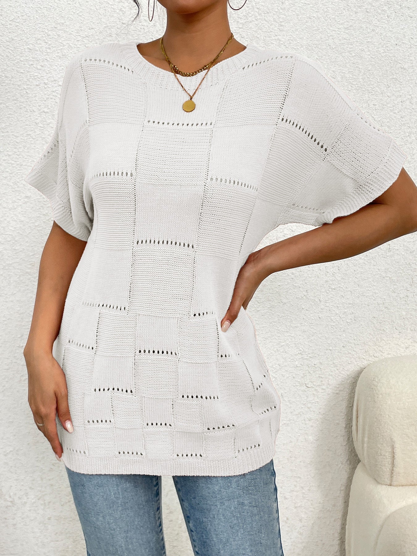 Women's casual knit top with unique hole pattern and wide-cut sleeves Ivyshape