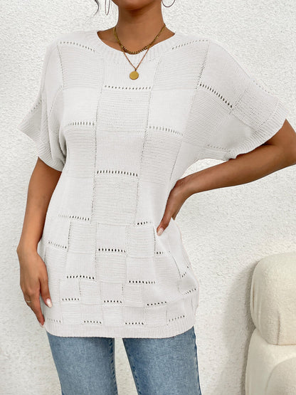 Women's casual knit top with unique hole pattern and wide-cut sleeves Ivyshape