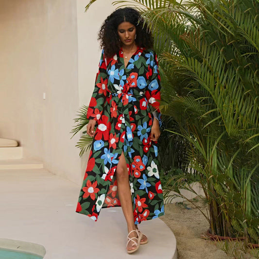 Ladies elegant flower kaftan with side slit Ivyshape