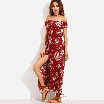 Ladies Off-Shoulder Maxi Dress with Floral Design and High Slit Ivyshape