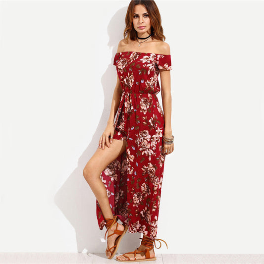 Ladies Off-Shoulder Maxi Dress with Floral Design and High Slit Ivyshape
