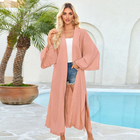 Ladies airy beach kimono with elegant cut and fringed accents Ivyshape