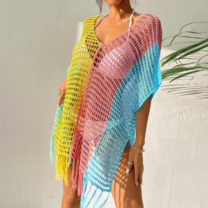 Women's airy mesh beach poncho with fringed accents Ivyshape