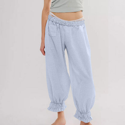 Women’s casual striped pants with elastic waistband and ruffle details Ivyshape