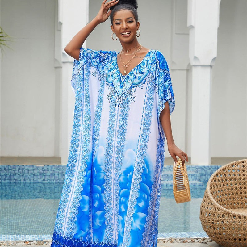 Women’s Maxi Kaftan with artistic azure pattern and elegant V-neck Ivyshape