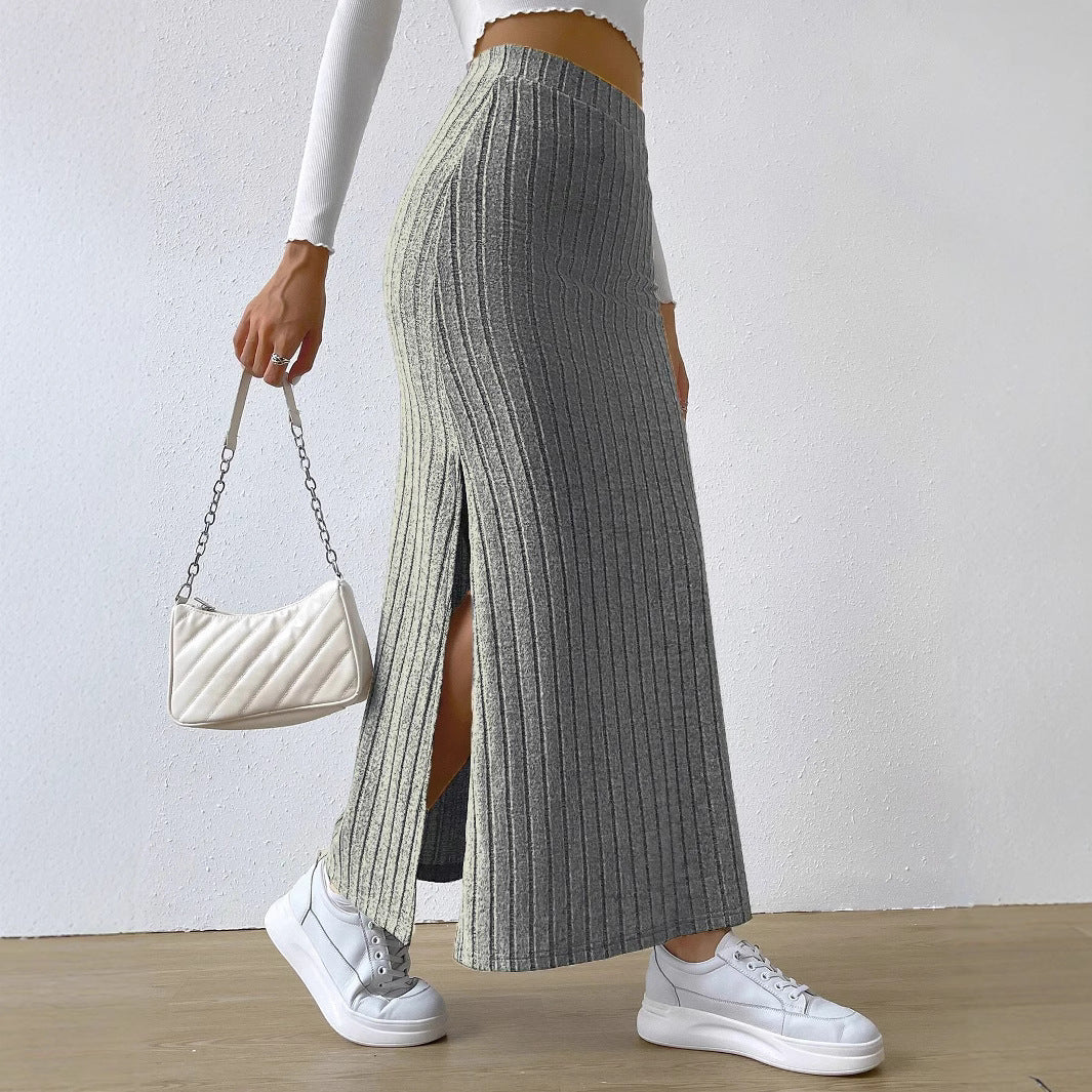 Women's Long Ribbed Knit Skirt with Side Split and Elastic Waistband Ivyshape