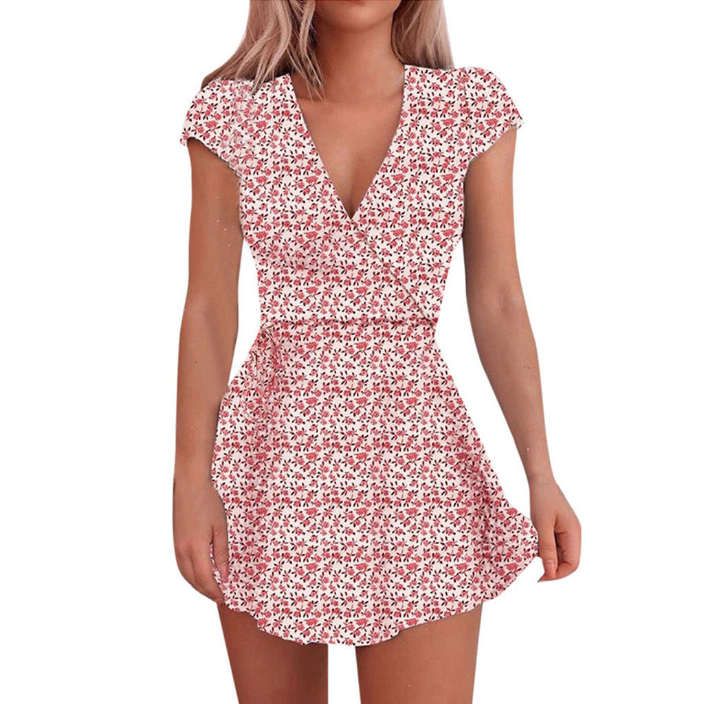 Women’s Short Sleeve Wrap Dress with Floral Pattern and Ruffle Details Ivyshape
