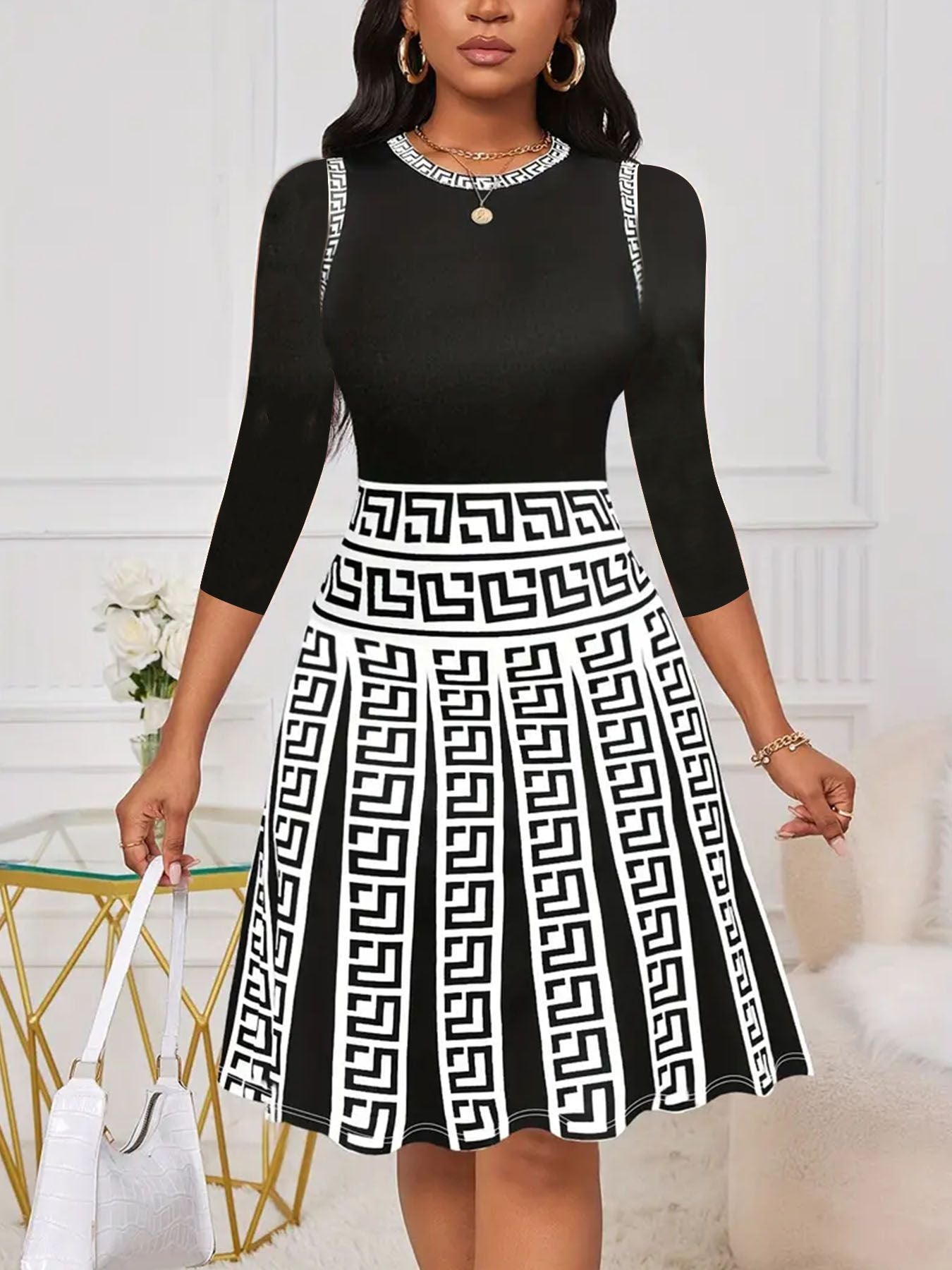 Women Monochrome Geometric A-Line Dress Ivyshape