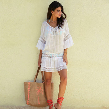 Women's beach dress with refined crochet and ruffle sleeves Ivyshape