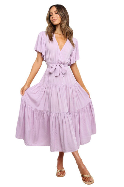 Women's Wrap Maxi Dress with Voluminous Sleeves and Ruffle Details Ivyshape