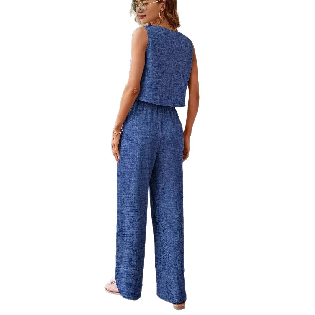 Women's casual jumpsuit with button placket and wide leg Ivyshape