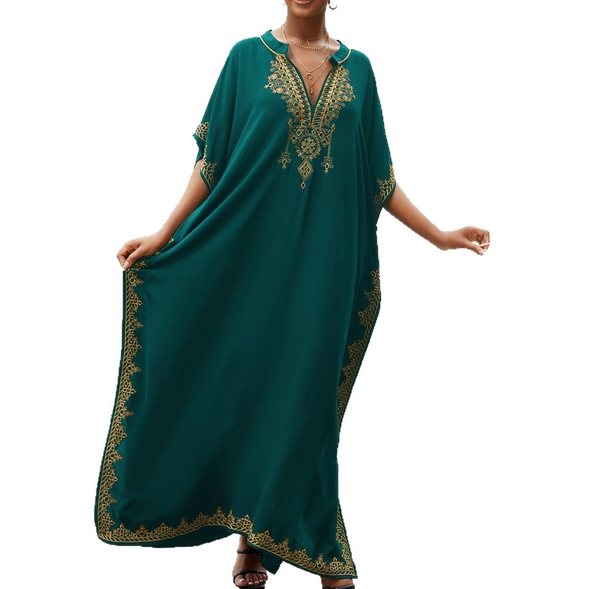 Women's long kaftan dress with luxurious embroidered trim Ivyshape