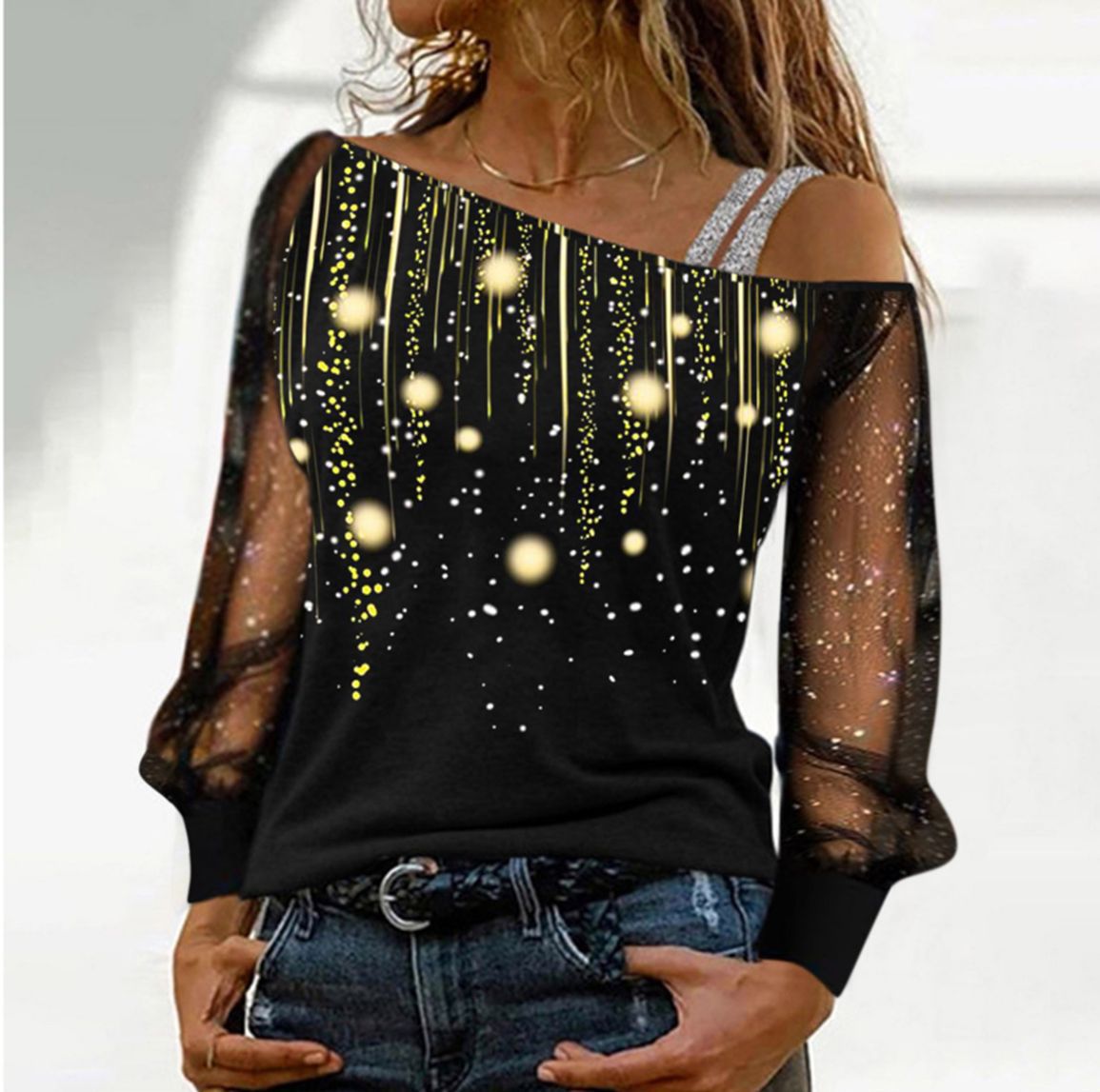 Women's Off-Shoulder Top with Transparent Sleeves and Sparkling Details Ivyshape