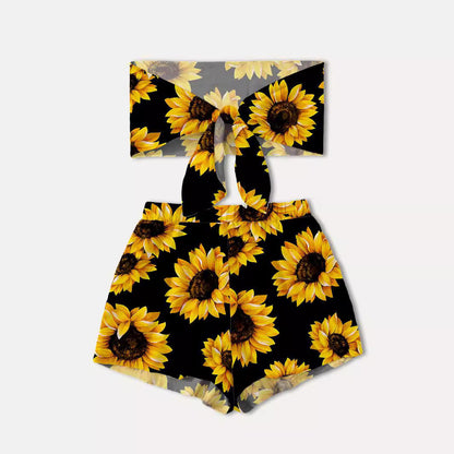 Women's Crop Top and Shorts Set with Sunflower Pattern Ivyshape