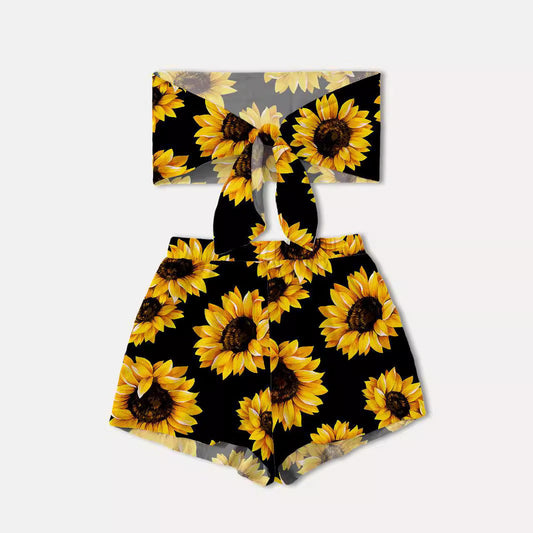 Women's Crop Top and Shorts Set with Sunflower Pattern Ivyshape