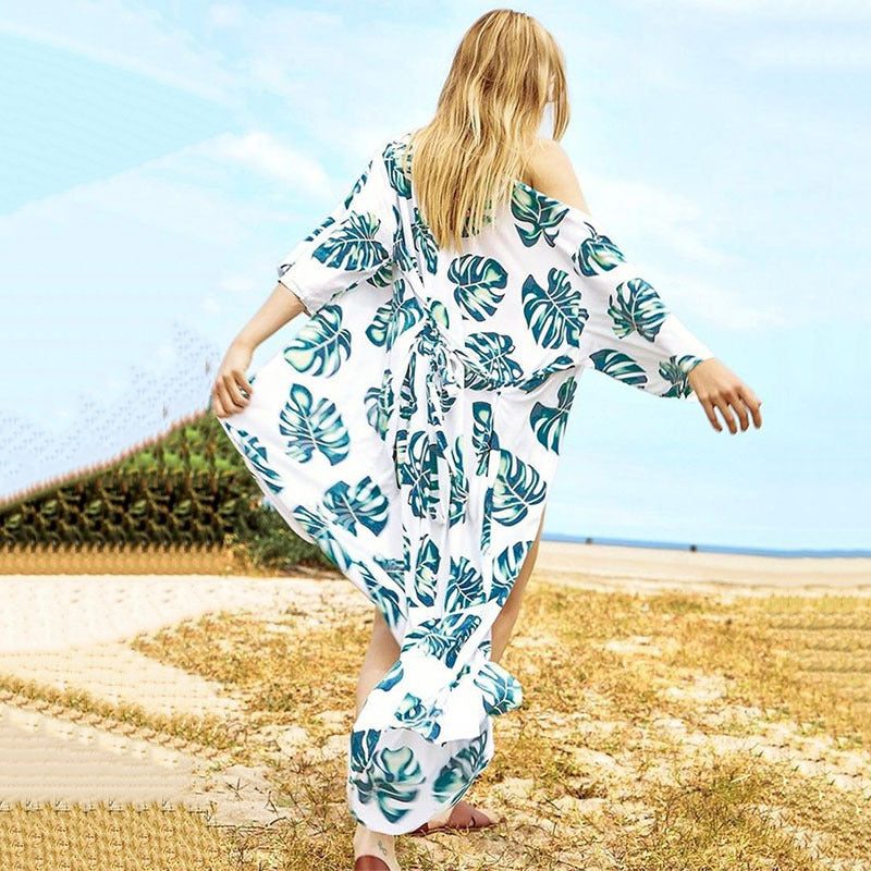 Women's beach kimono with modern leaf pattern and side slit Ivyshape