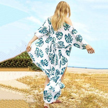 Women's beach kimono with modern leaf pattern and side slit Ivyshape