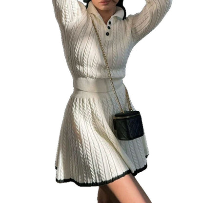 Women's knitted dress with textured cable pattern and polo collar Ivyshape